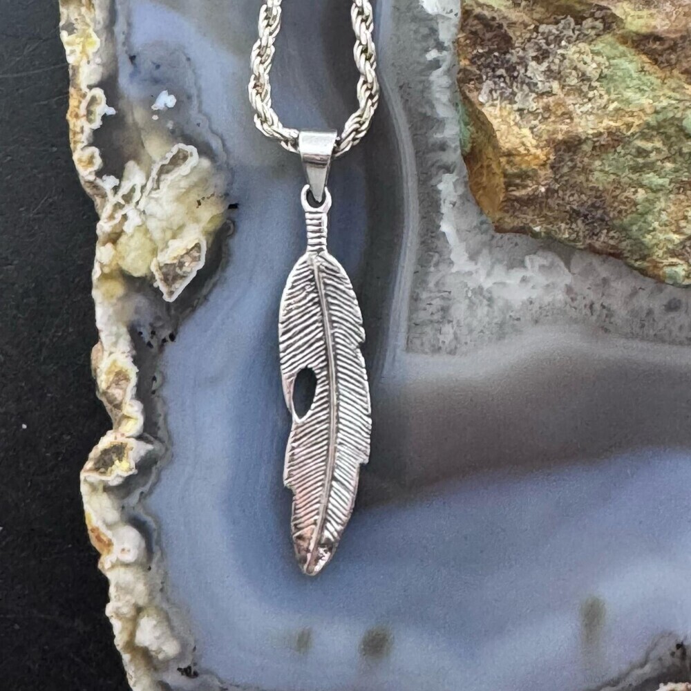Sterling Silver Southwestern Style Feather Unisex Pendant - Picture 7 of 10